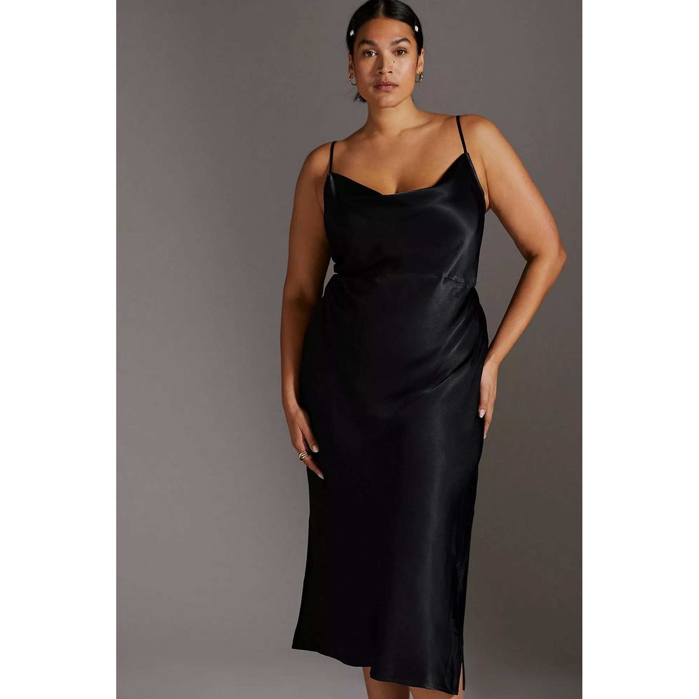 Anthropologie Elyse Bias Slip Dress Black Satin Cowl Neck Midi Dress 3X Minimal